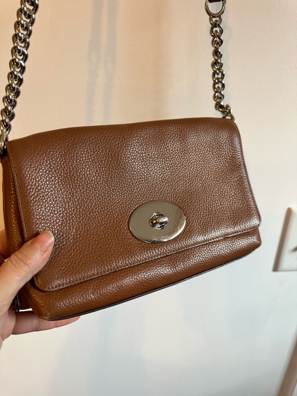 Coach Brown pebbled Leather Shoulder purse with Chain Strap - Picture 2 of 14